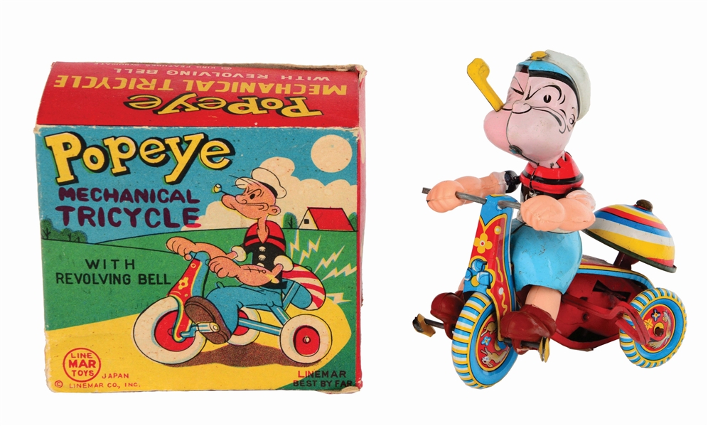 LINEMAR TIN-LITHO WIND-UP POPEYE TRICYCLE TOY.
