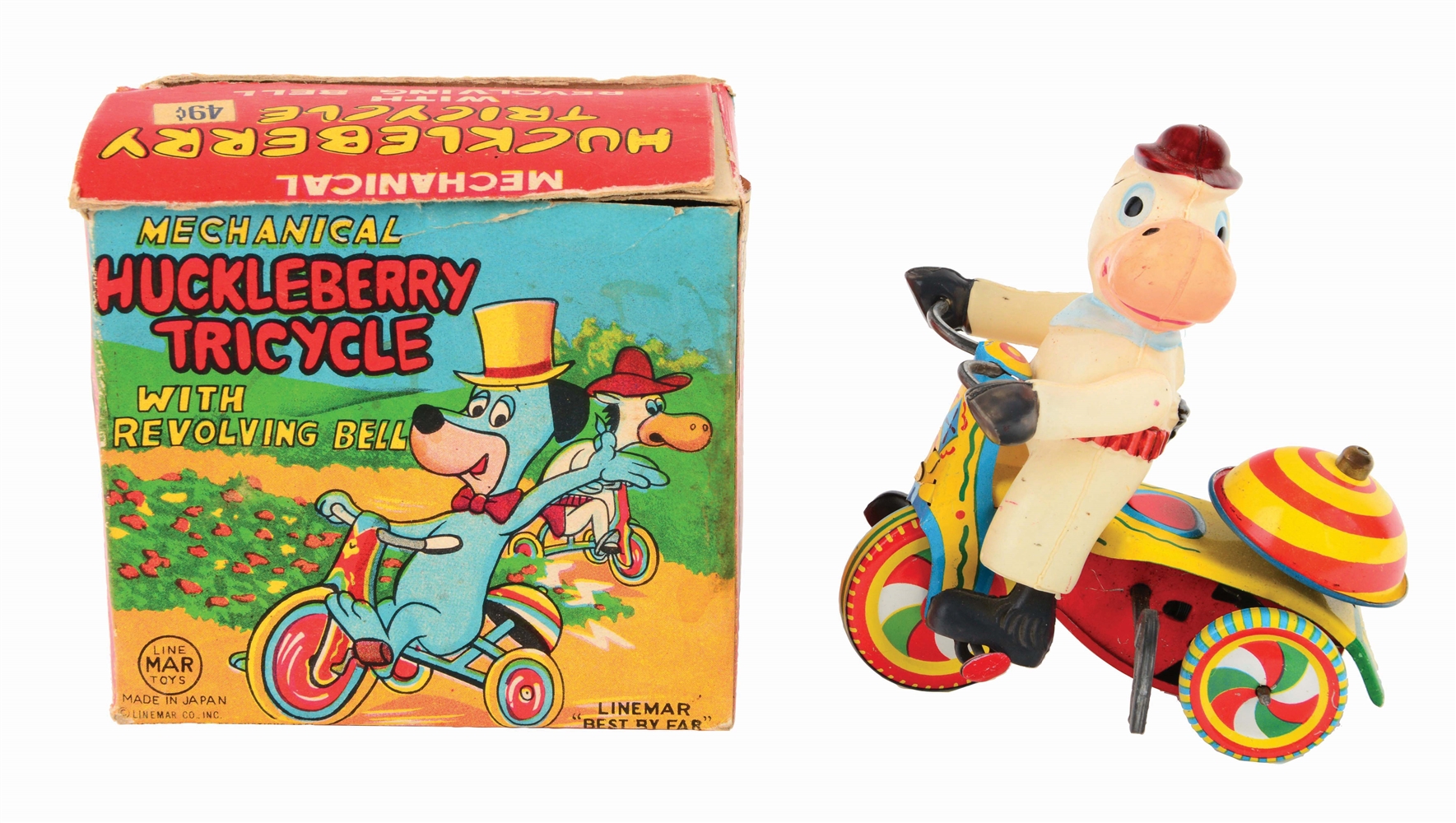 LINEMAR TIN-LITHO AND CELLULOID QUICKDRAW MCGRAW TRICYCLE TOY.