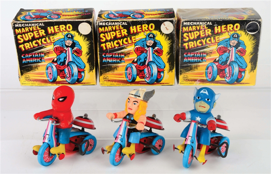 LOT OF 3: MARX MARVEL SUPER HERO TRICYCLE TOYS IN BOXES.