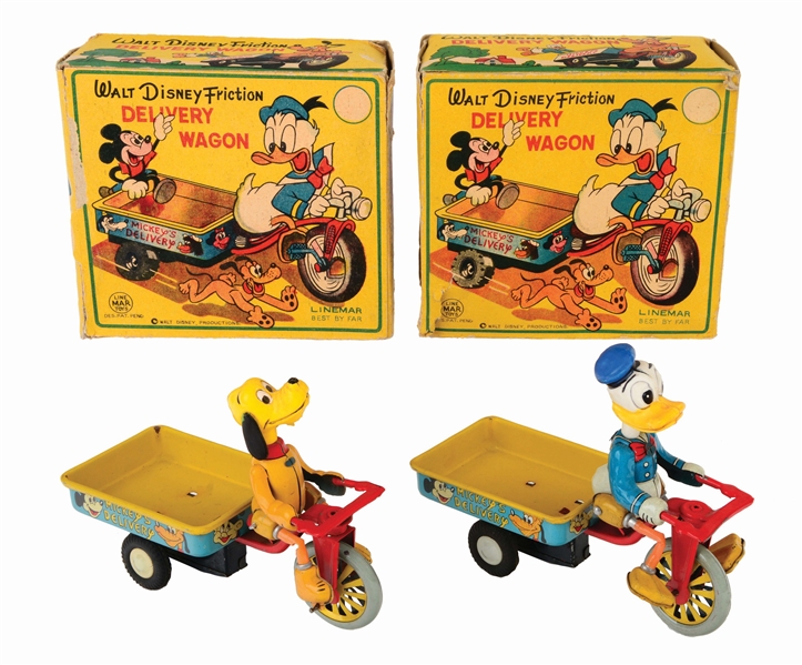 LOT OF 2: LINEMAR TIN-LITHO AND CELLULOID FRICTION WALT DISNEY DELIVERY WAGON TOYS.