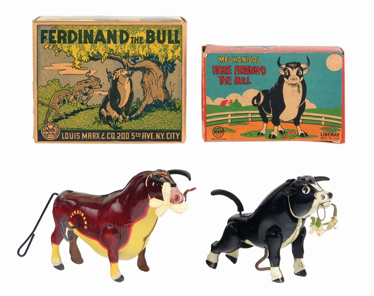 LOT OF 2: MARX AND LINEMAR TIN-LITHO WIND-UP FERDINAND THE BULL TOYS.
