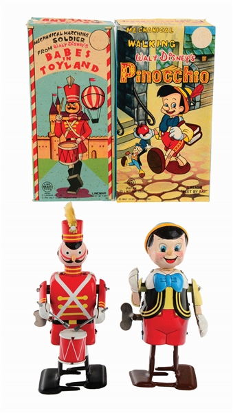 LOT OF 2: LINEMAR TIN-LITHO WIND-UP WALT DISNEY PINOCCHIO AND BABES IN TOYLAND WALKERS.