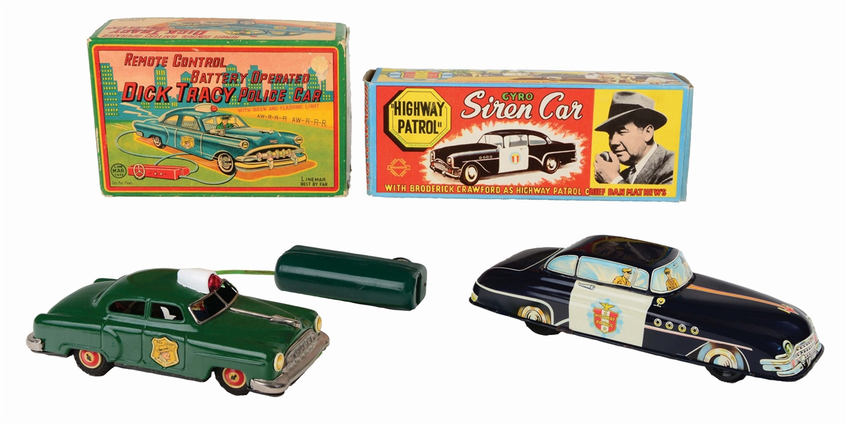 LOT OF 2: BATTERY-OPERATED AND FRICTION TIN-LITHO POLICE CARS IN ORIGINAL BOXES.
