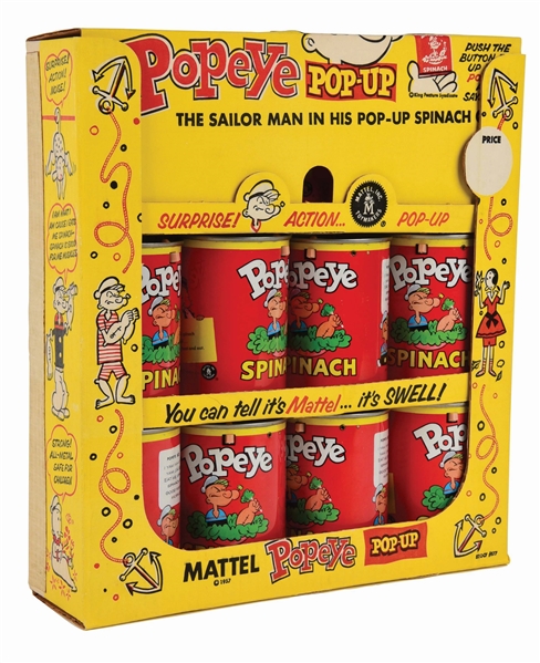 MATTEL POPEYE TIN-LITHO POP-UP SPINACH CAN STORE DISPLAY.