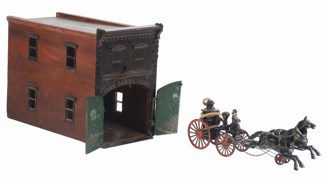 IVES CAST IRON FIREHOUSE WITH PUMPER.