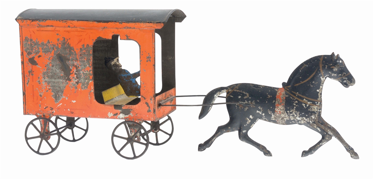 FALLOWS TIN HORSE DRAWN GROCERIES WAGON WITH DRIVER.
