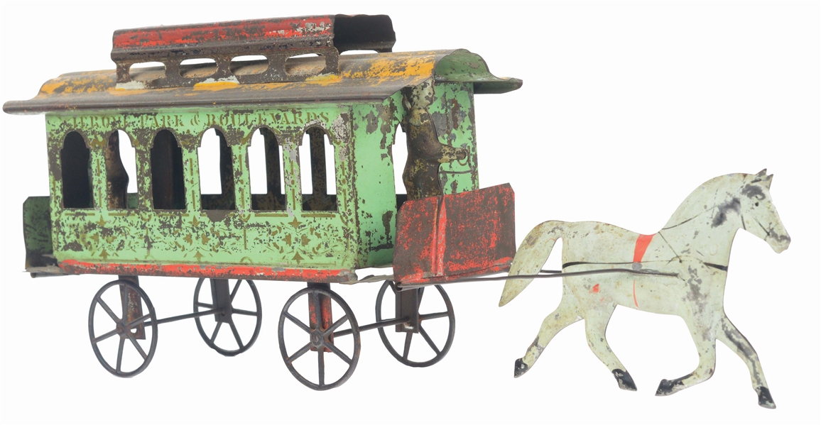 ATTRIBUTED TO GEORGE BROWN ONE HORSE DRAWN JEROME PARK TIN TROLLEY.