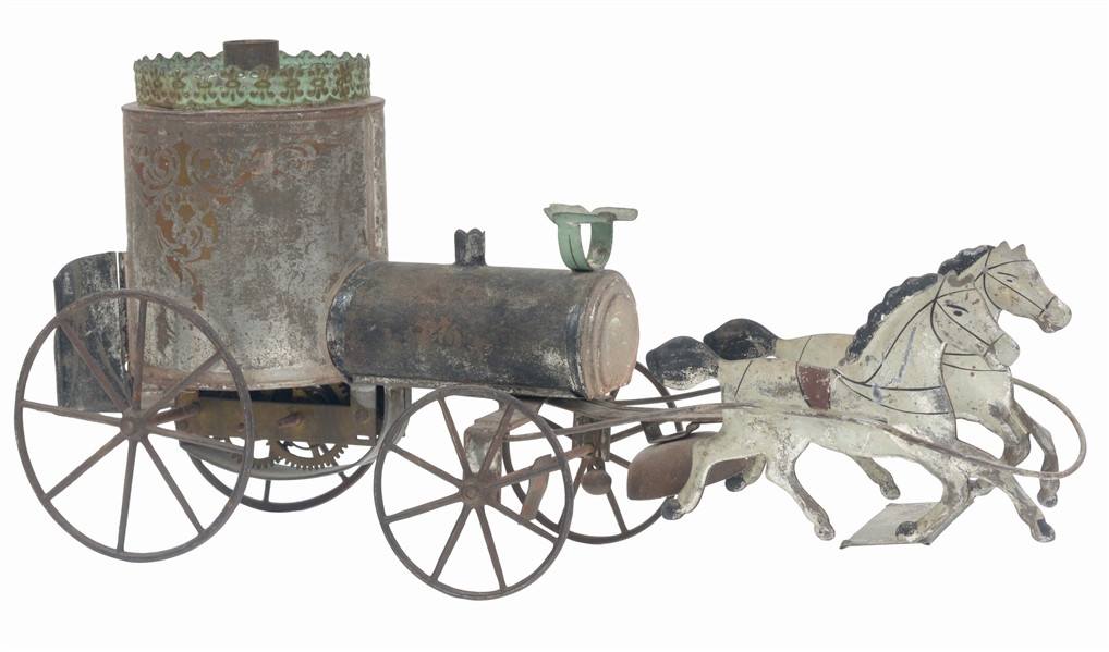 ATTRIBUTED TO ALTHOF BERGMAN VERY EARLY TIN CLOCKWORK HORSE DRAWN PUMPER.