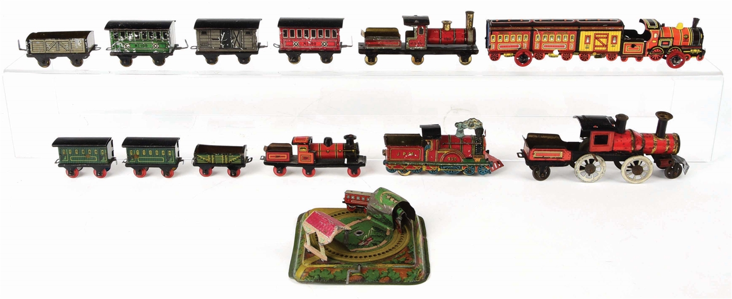 LOT OF EARLY GERMAN TIN-LITHO PENNY AND NICKEL TOY TRAINS.