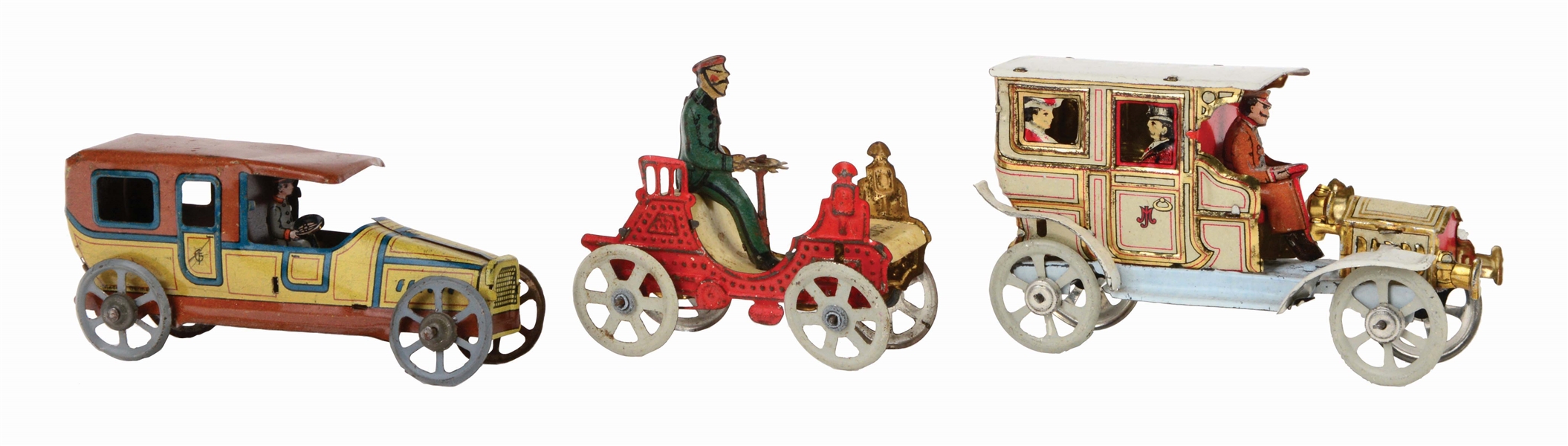 LOT OF 3: EXCEPTIONALLY NICE LOT OF GERMAN TIN-LITHO PENNY TOY AUTOS.