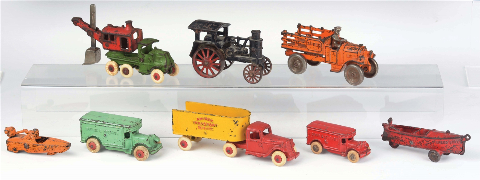 LOT OF 8: VARIOUS CAST-IRON AMERICAN MADE VEHICLE TOYS.