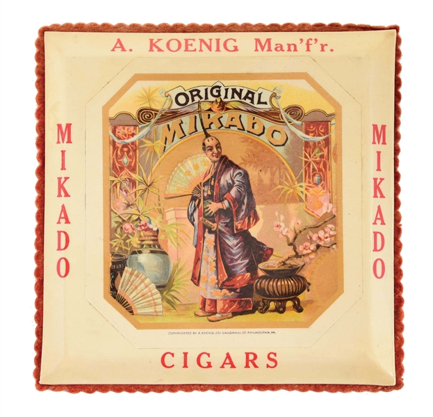 CELLULOID CHANGE RECEIVER WITH ORIGINAL FELT BACK ADVERTISING MIKADO CIGARS.