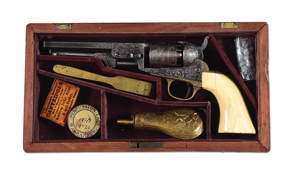 (A) DELUXE ENGRAVED CASED COLT 1849 POCKET PERCUSSION REVOLVER.