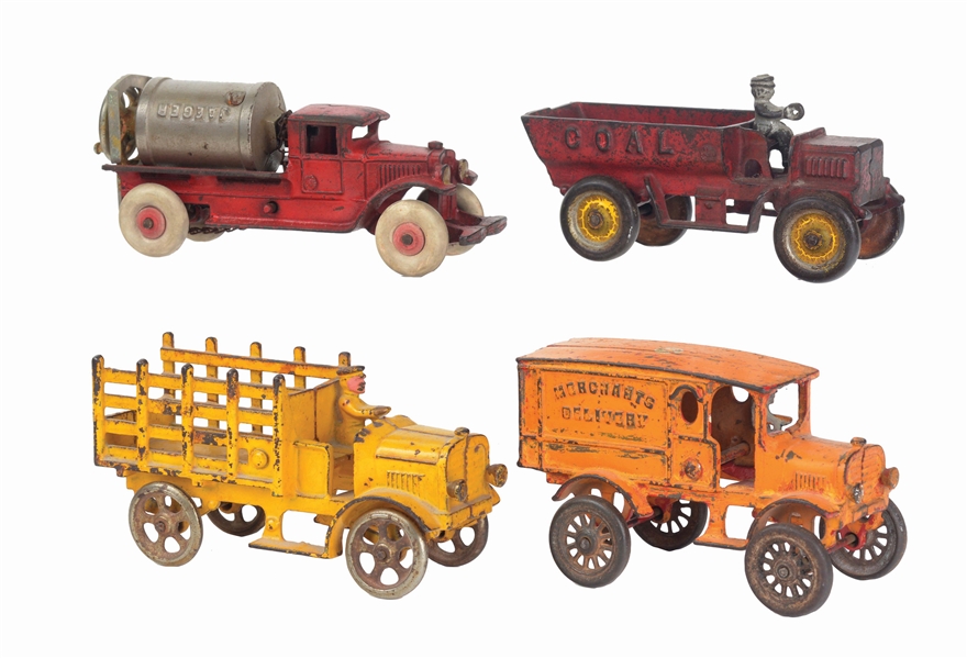 LOT OF 4: AMERICAN MADE CASE-IRON VEHICLE TOYS, MOSTLY KENTON.