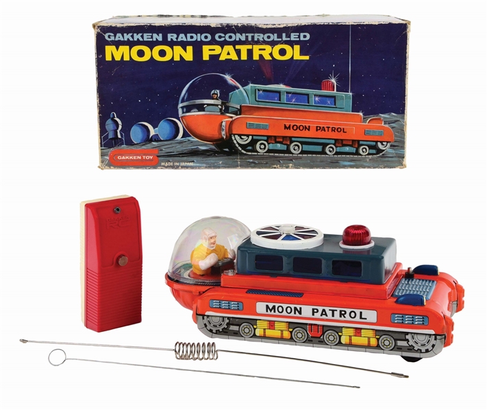 JAPANESE GAKKEN RADIO REMOTE-CONTROLLED BATTERY-OPERATED TIN-LITHO MOON PATROL TOY.