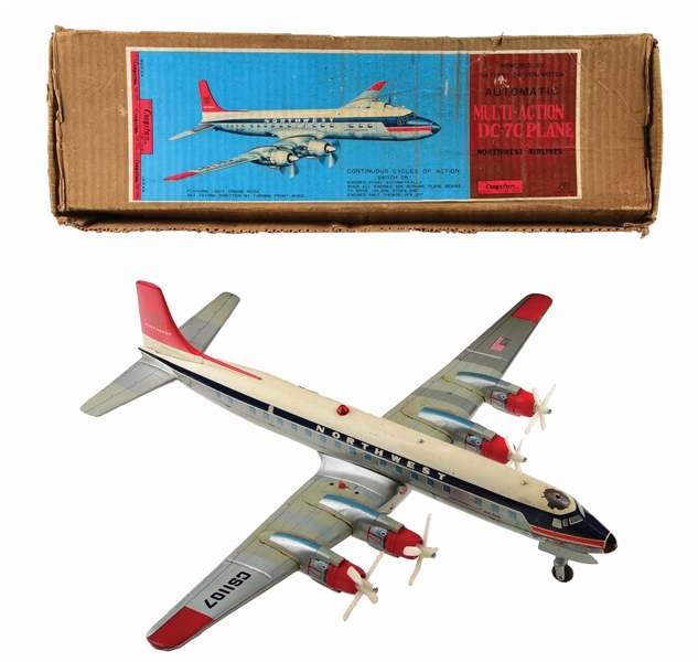 JAPANESE TIN-LITHO BATTERY-OPERATED DC-7 AIRPLANE.