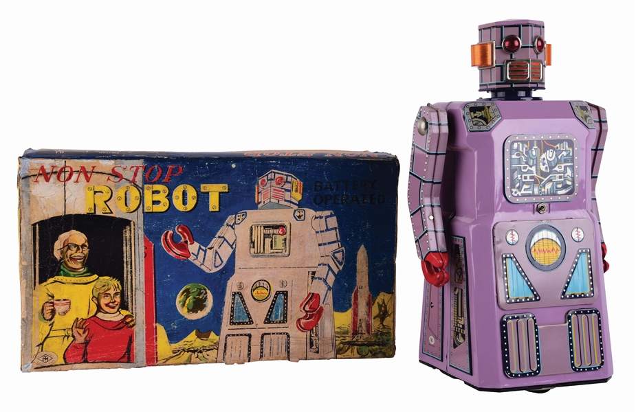 JAPANESE TIN-LITHO BATTERY-OPERATED GANG OF 5 NON-STOP LAVENDER ROBOT.