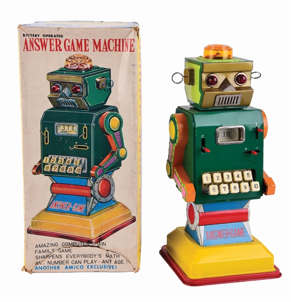 JAPANESE TIN-LITHO BATTERY OPERATED ANSWER GAME ROBOT.