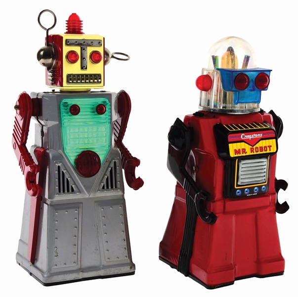 LOT OF 2 JAPANESE TIN-LITHO BATTERY OPERATED ROBOTS.