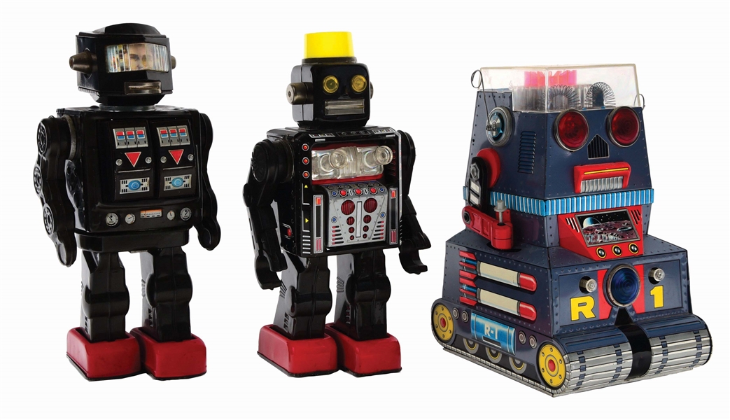 LOT OF 3 JAPANESE TIN-LITHO BATTERY OPERATED ROBOTS.