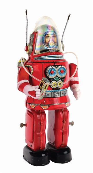 RED JAPANESE TIN-LITHO BATTERY OPERATED ROSCO ASTRONAUT.