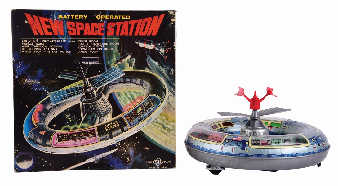 JAPANESE TIN-LITHO BATTERY OPERATED SPACE STATION TOY.