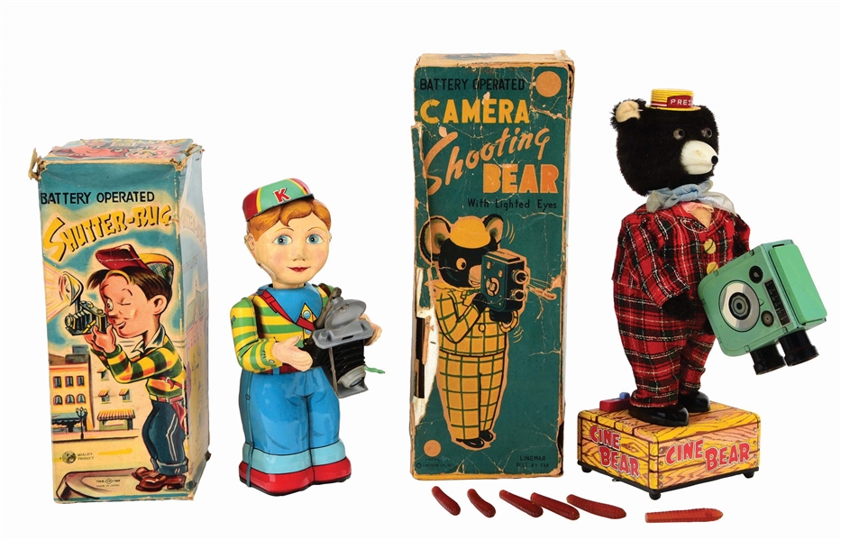 LOT OF 2: JAPANESE TIN-LITHO BATTERY-OPERATED CAMERA-THEMED TOYS.
