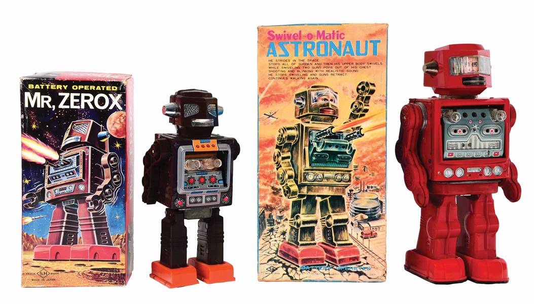 LOT OF 2: JAPANESE TIN-LITHO BATTERY-OPERATED ROBOT AND ASTRONAUT TOYS.