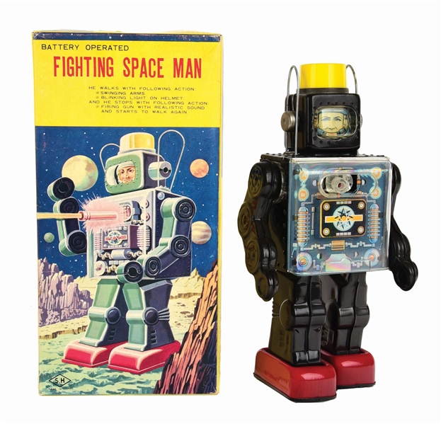 JAPANESE TIN-LITHO AND PLASTIC BATTERY-OPERATED FIGHTING SPACEMAN.