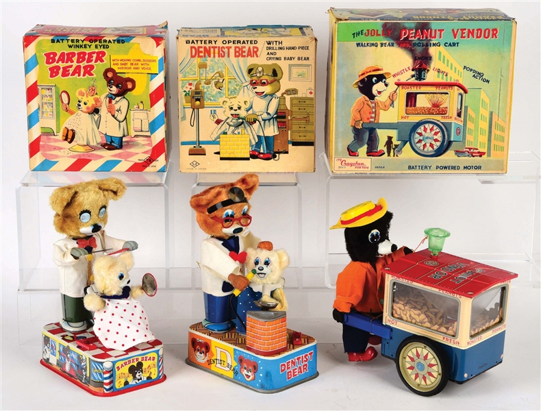LOT OF 3 JAPANESE TIN-LITHO AND PLUSH BATTERY-OPERATED BEAR-THEMED TOYS, ALL ORIGINAL BOXES.