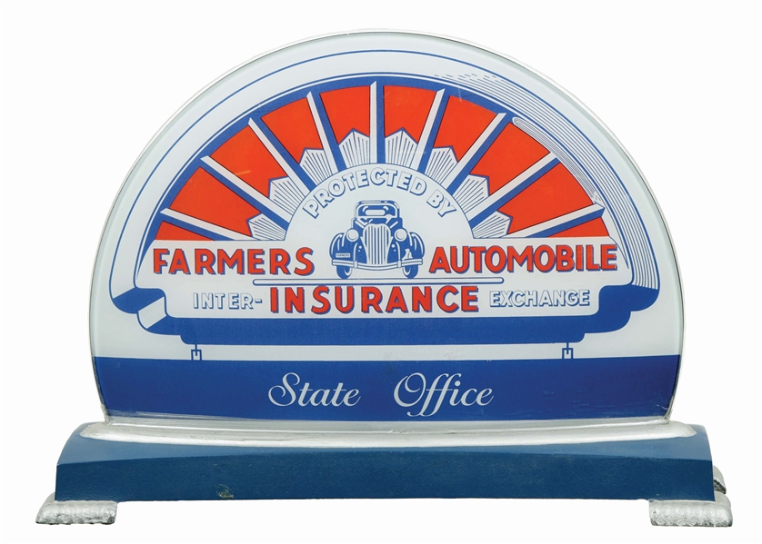 FARMERS AUTOMOBILE INSURANCE STATE OFFICE GLASS FACE LIGHT UP DISPLAY ON METAL BASE. 