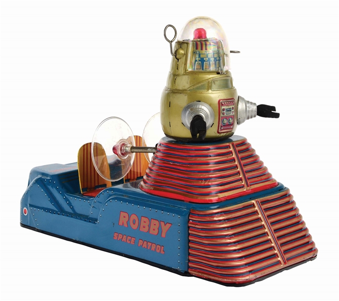 VERY SCARCE ORIGINAL VINTAGE JAPANESE TIN-LITHO BATTERY-OPERATED ROBBY THE ROBOT SPACE PATROL TOY.