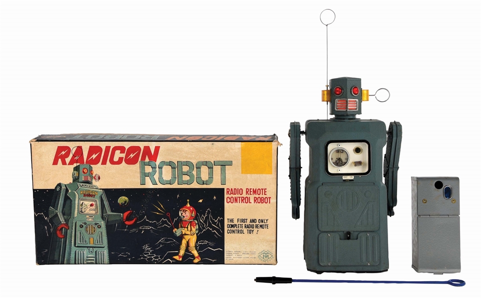 JAPANESE TIN BATTERY-OPERATED GANG OF 5 RADICON ROBOT IN ORIGINAL BOX.