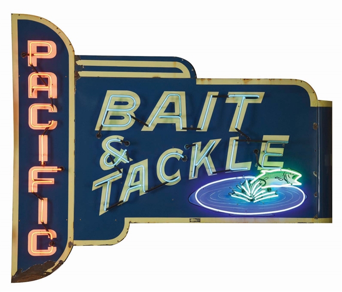 OUTSTANDING PACIFIC BAIT & TACKLE PORCELAIN SIGN W/ FISH GRAPHIC. 