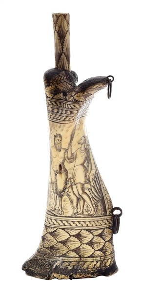 17TH CENTURY EUROPEAN ENGRAVED BONE POWDER FLASK FROM FLAYDERMAN COLLECTION.