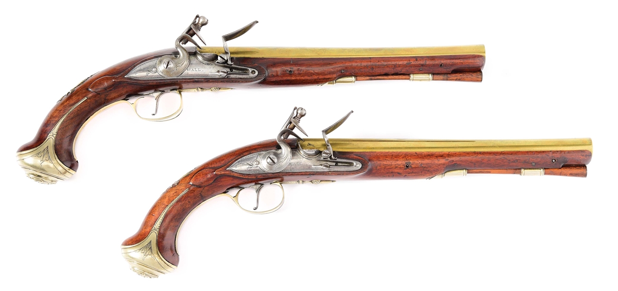 (A) PAIR OF ENGLISH BRASS BARRELED PAKTONG MOUNTED FLINTLOCK PISTOLS BY HALL.