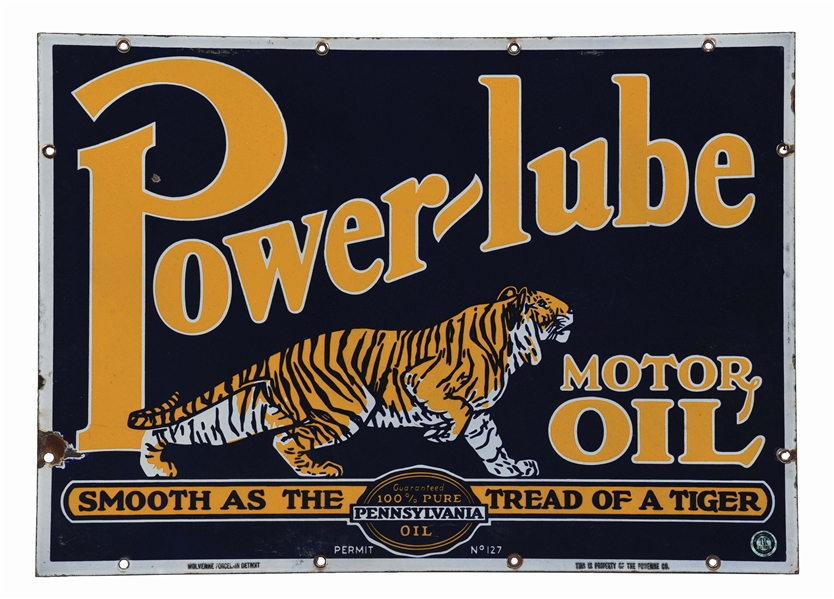 POWERLUBE MOTOR OIL PORCELAIN SIGN W/ TIGER GRAPHIC. 