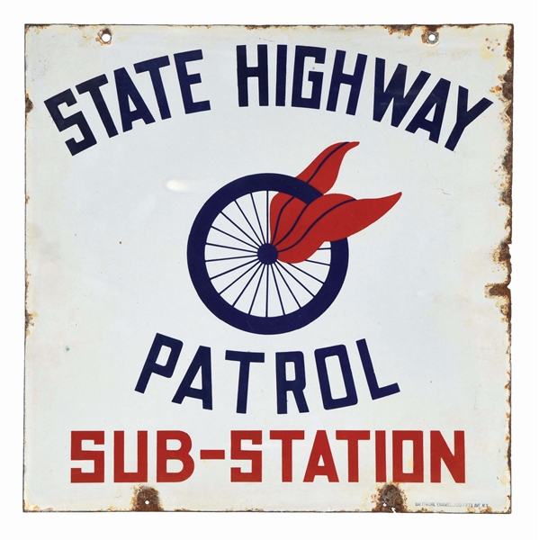 STATE HIGHWAY PATROL SUB STATION PORCELAIN SIGN W/ WHEEL GRAPHIC. 