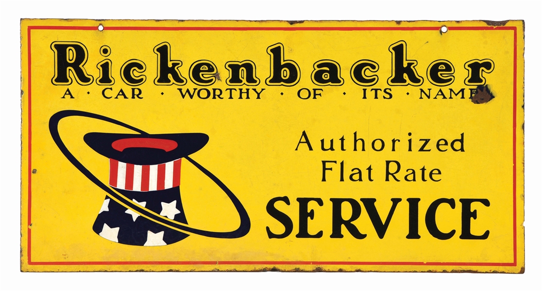 RICKENBACKER AUTOMOBILES AUTHORIZED SERVICE PORCELAIN SIGN W/ HAT GRAPHIC. 