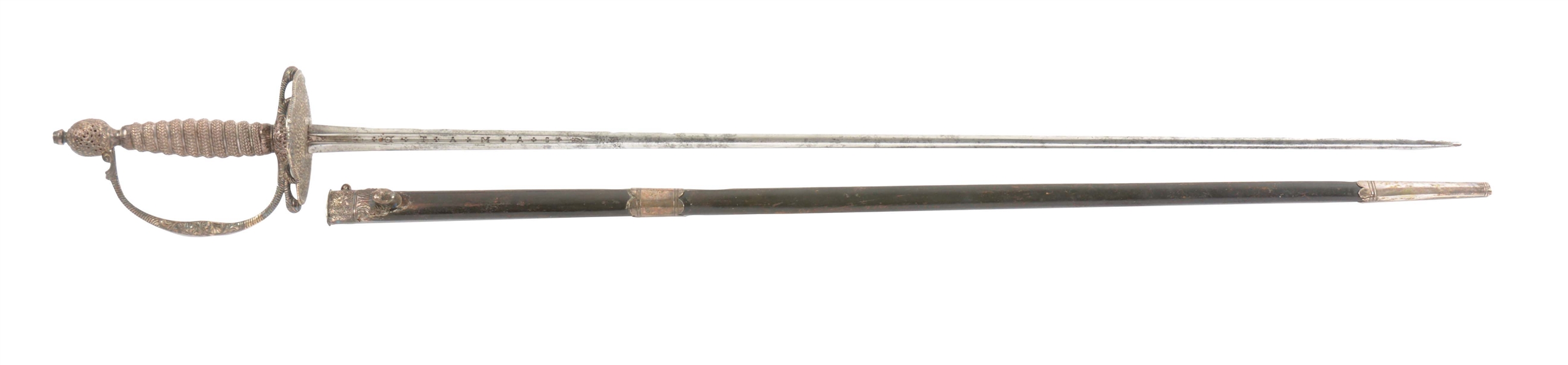 EXQUISITE ENGLISH PIERCED SILVER-HILTED SMALL SWORD AND SCABBARD BY BLAND, HALLMARKED FOR 1767.