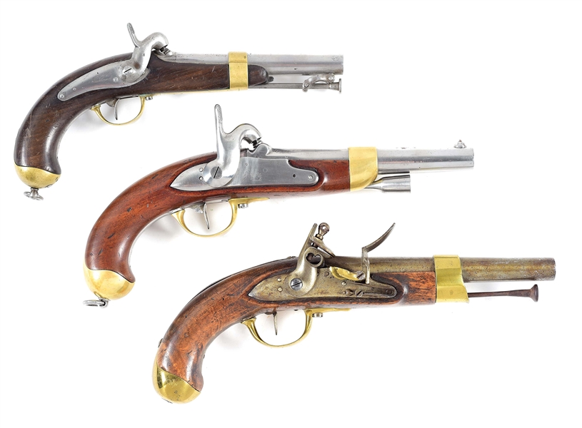 (A) LOT OF 3: 2 PERCUSSION AND 1 FLINTLOCK PISTOL.