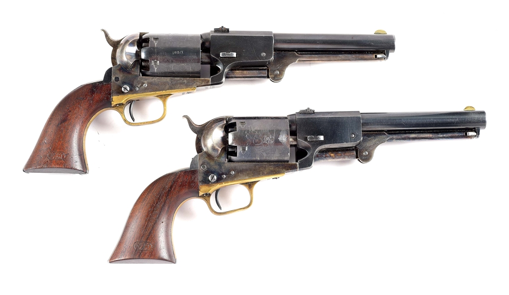 (A) CASED PAIR OF REPRODUCTION CONSECUTIVE SERIAL NUMBERED COLT DRAGOON PERCUSSION REVOLVERS.