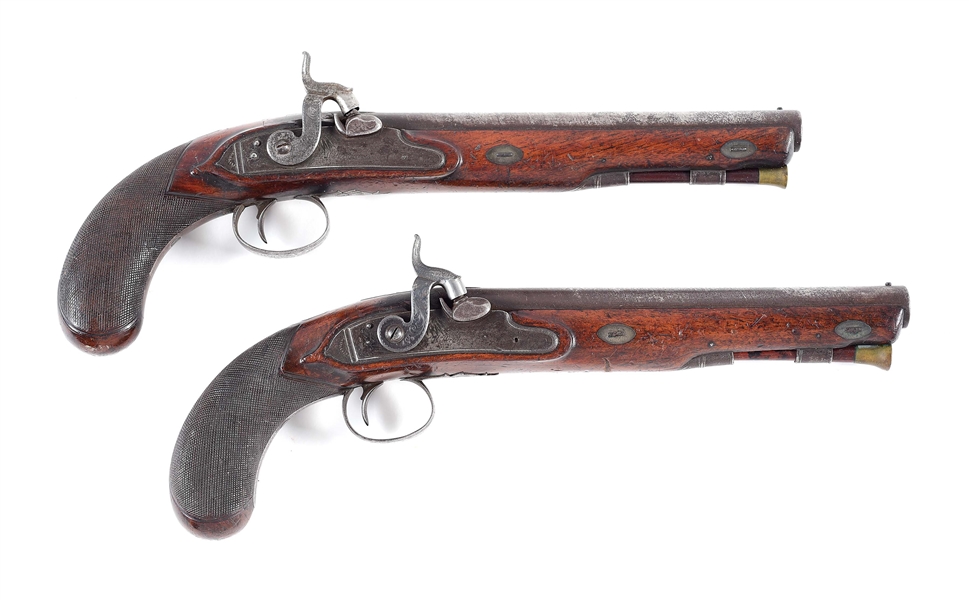 (A) PAIR OF WILBRAHAM SIGNED PERCUSSION PISTOLS CONVERTED FROM FLINTLOCK, OF LARGE SIZE.