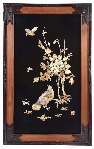 FRAMED IVORY AND MOTHER OF PEARL CARVED PICTURE OF BIRDS AND BUSH.