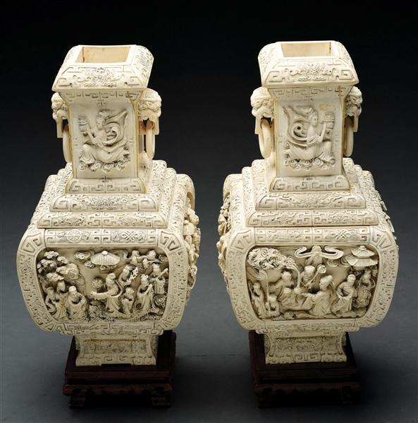 PAIR OF LARGE CARVED IVORY URNS.