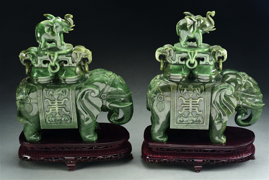 LOT OF 2: PAIR OF GREEN JADE ELEPHANT WITH COVERS.