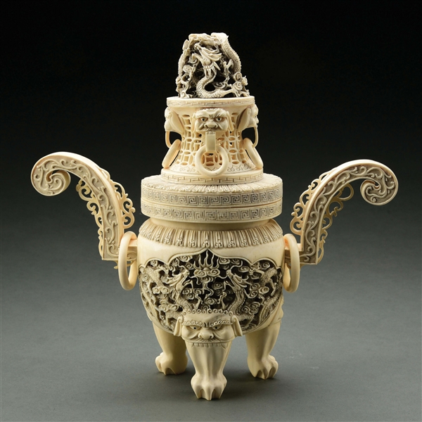 CARVED IVORY URN WITH LID.