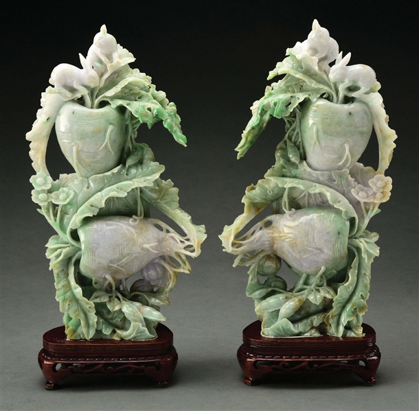 PAIR OF JADE CARVED RABBITS WITH STAND.