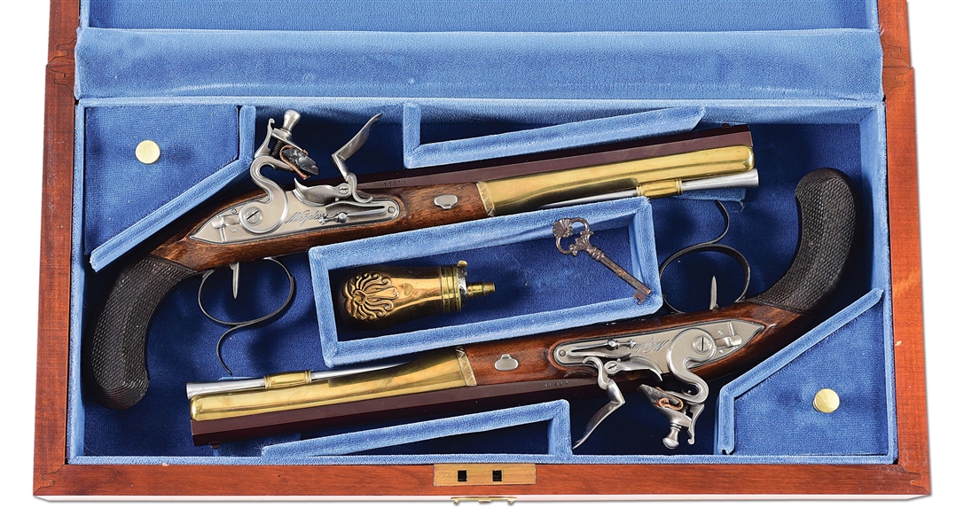 (A) PAIR OF US HISTORICAL SOCIETY WOGDON .54 CALIBER FLINTLOCK PISTOLS WITH CASE.