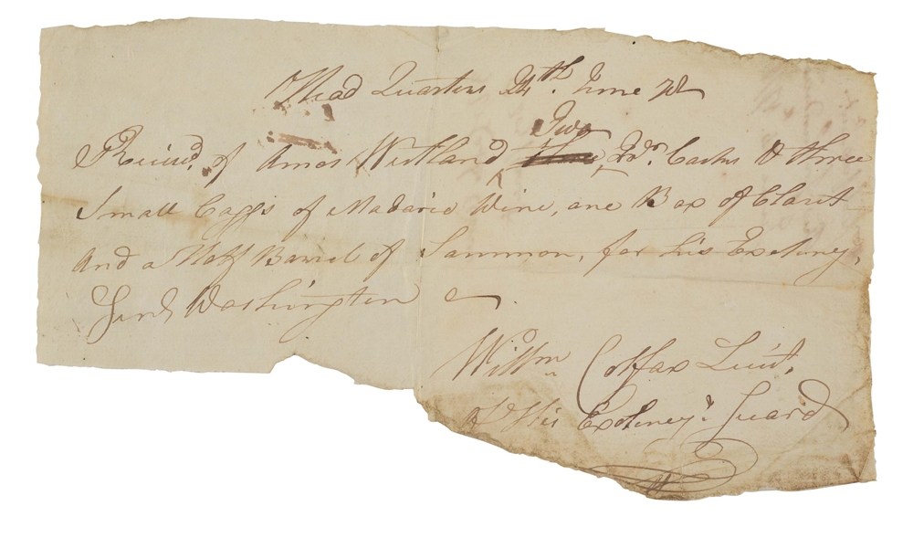 WINE RECEIPT FOR WASHINGTONS COUNCIL OF WAR, MAY 24, 1778 LEADING TO MONMOUTH BATTLE